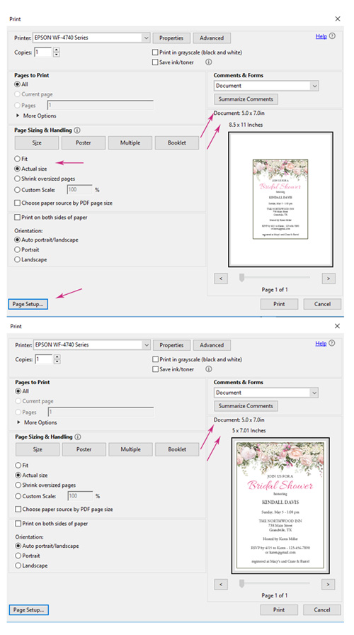 invitation template printer settings