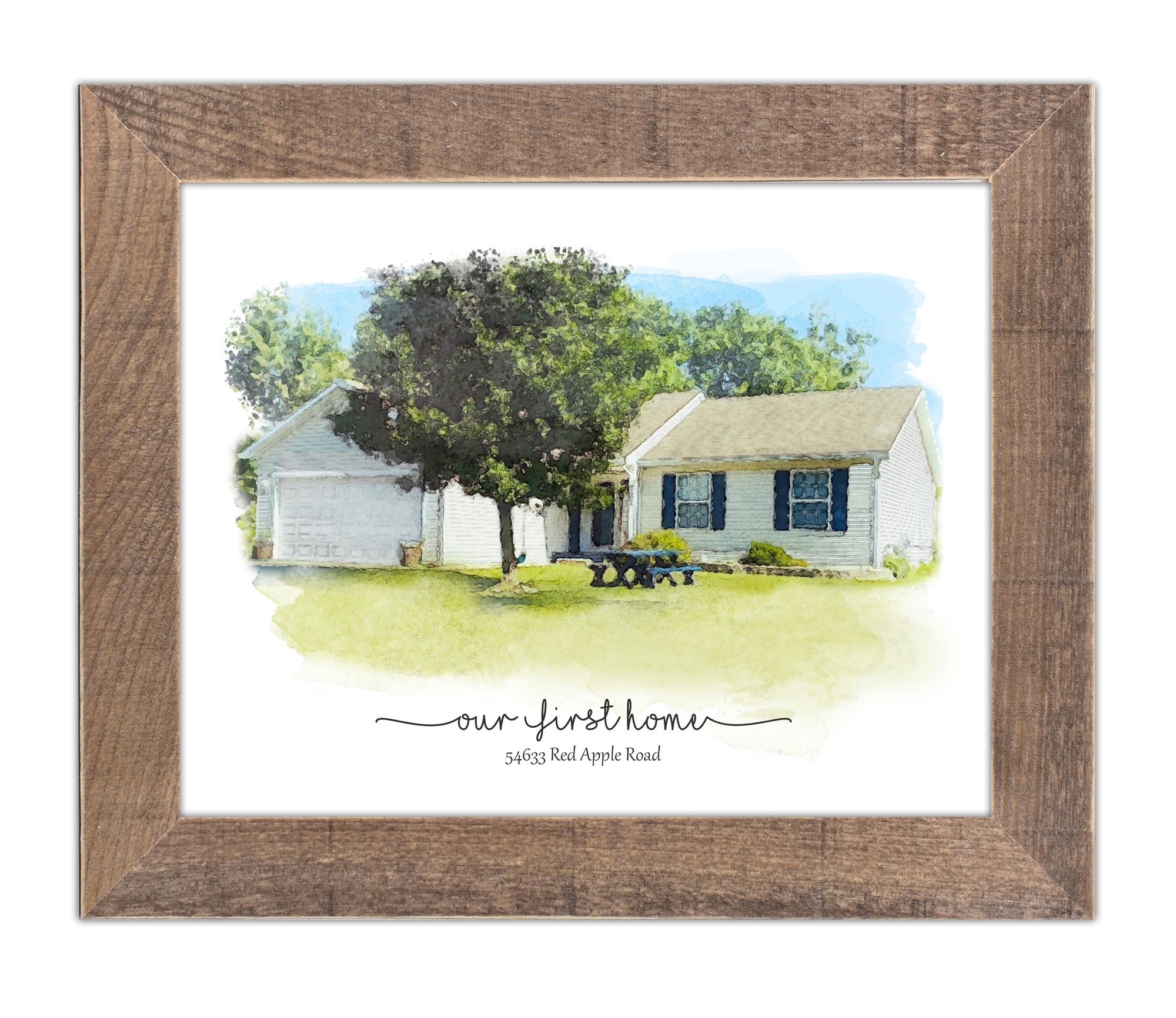 Watercolor house portrait with rustic brown frame
