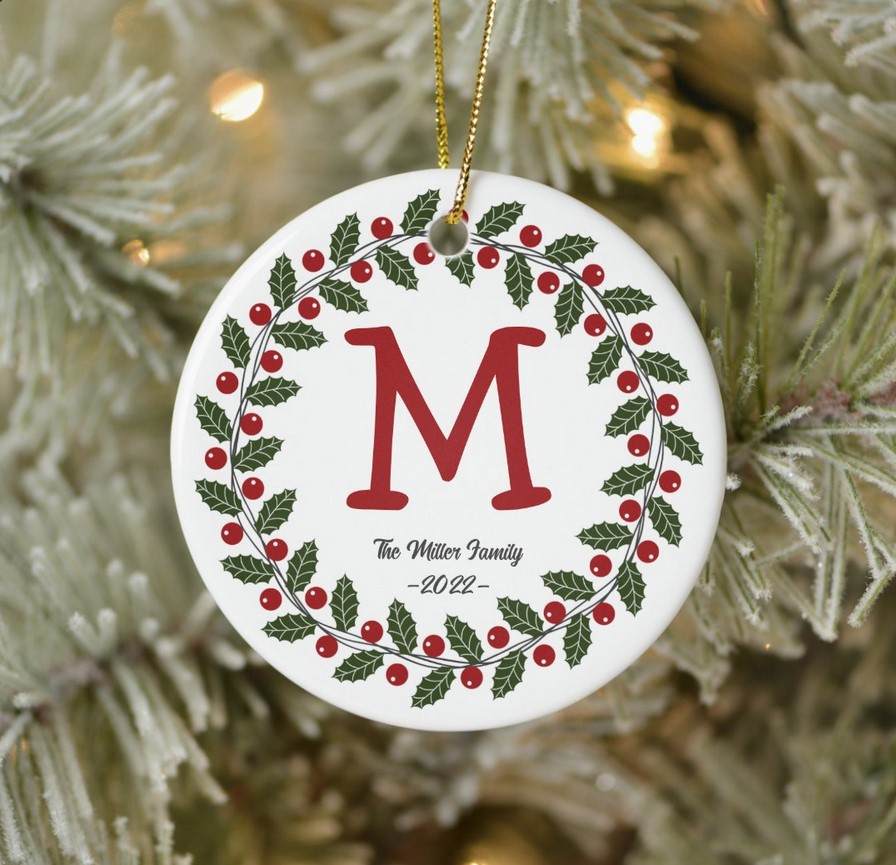 client monogram holiday wreath ornament