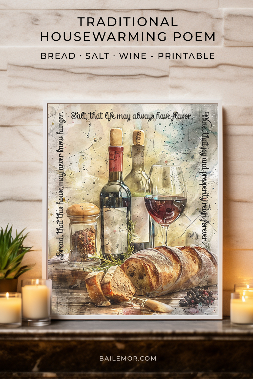 watercolor of the  traditional bread, salt, wine housewarming poem.
