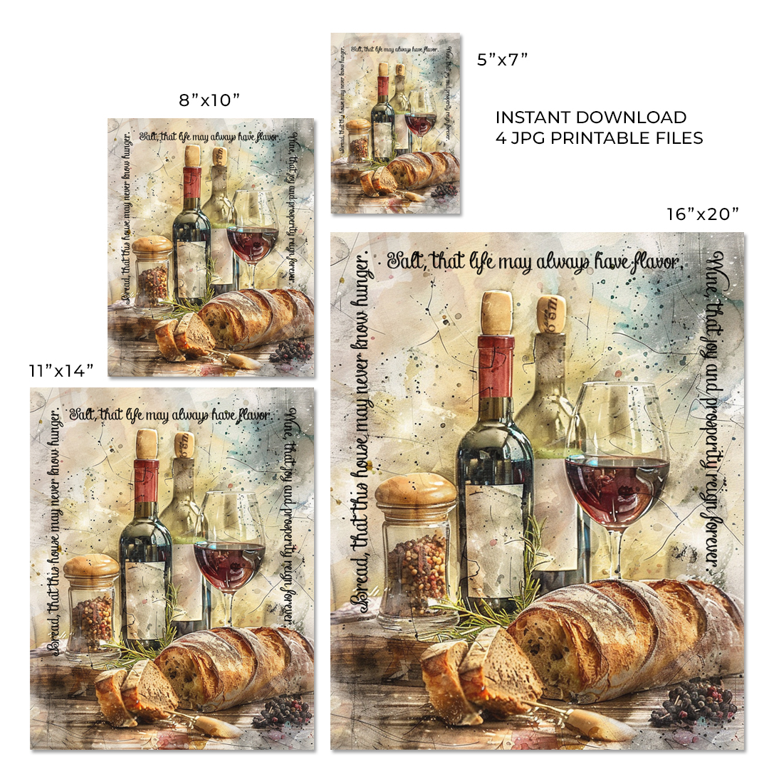 Size chart of bread salt wine poem instant download print.