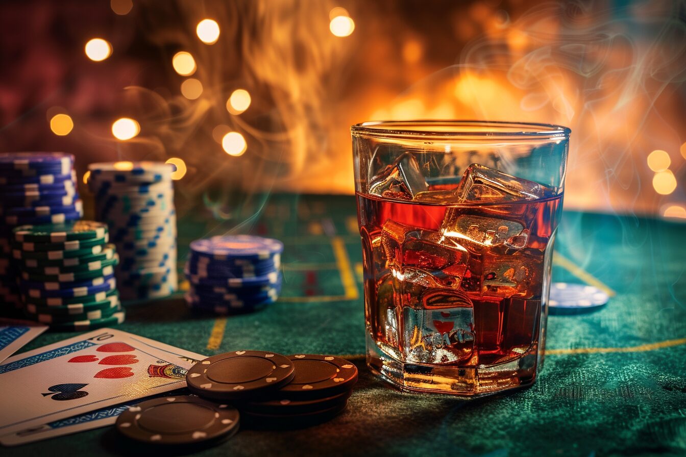 Poker chips on poker table with whiskey glass.