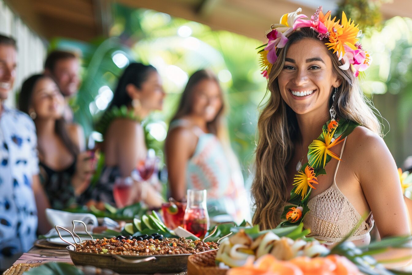 happy people at a Hawaiian Luau corporate party event.