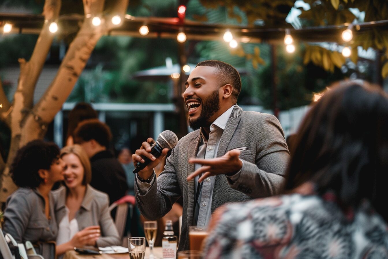 Man tell jokes during comedy club customer appreciation party 