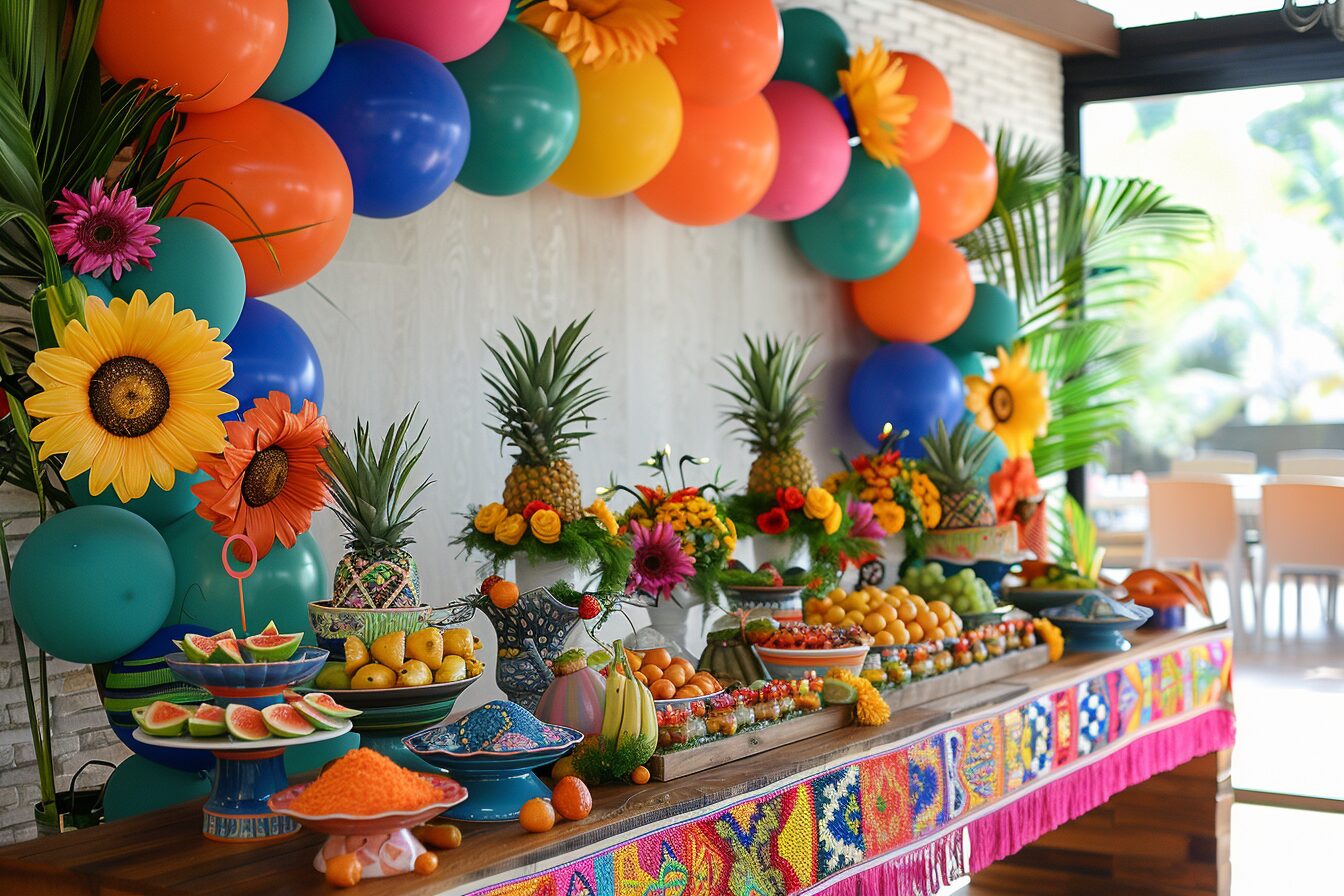 mexican fiesta food table arrangement.