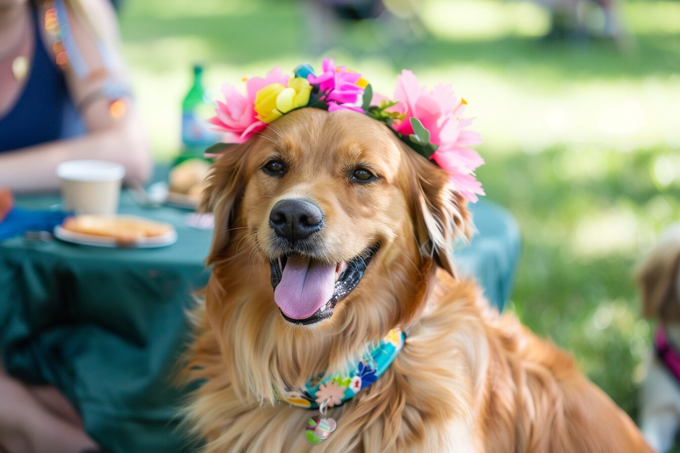 Dog with flower hat at a pet friendly client party.