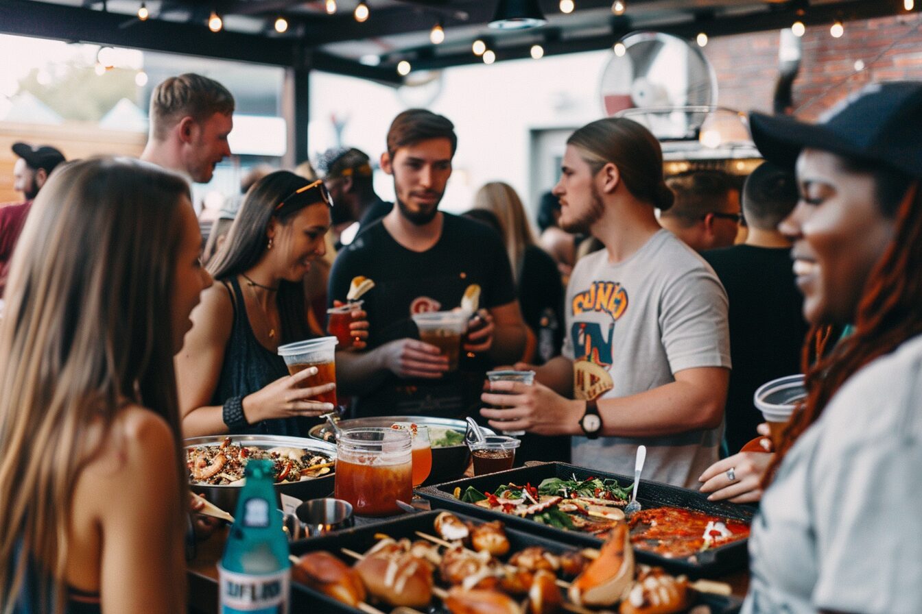 people gathered around a table at a sports party