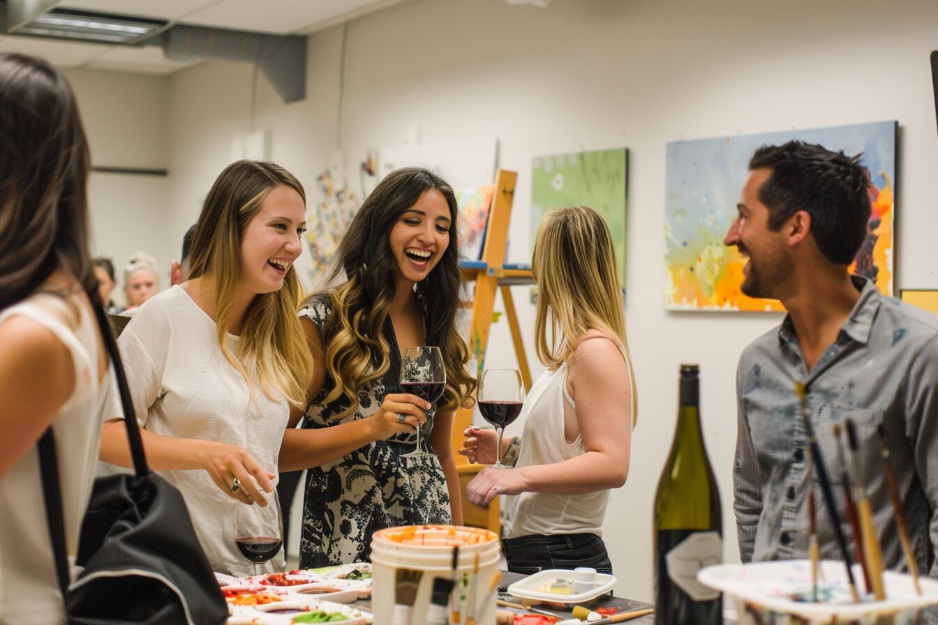 Women painting and drinking wine.