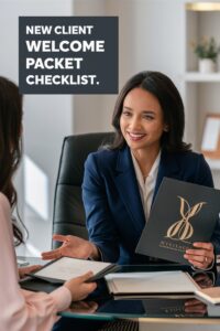 Branded Presentation Folder – A sleek, branded real estate folder open on a desk, showcasing neatly organized client documents for a professional first impression.