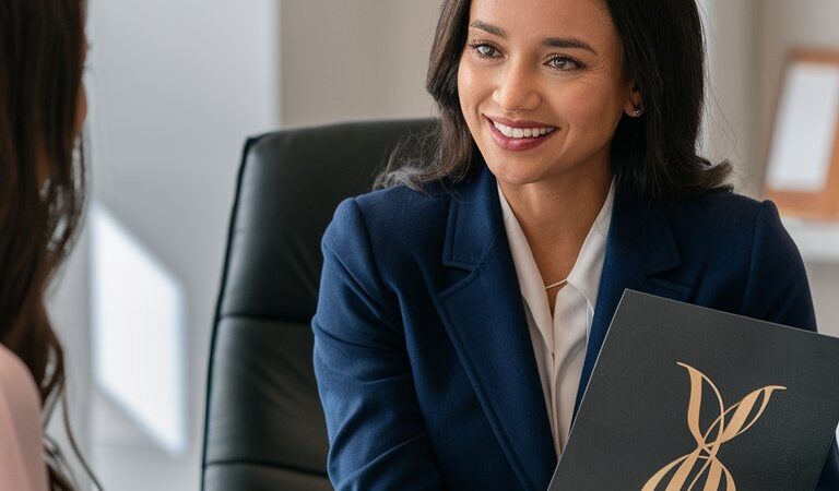 Branded Presentation Folder – A sleek, branded real estate folder open on a desk, showcasing neatly organized client documents for a professional first impression.