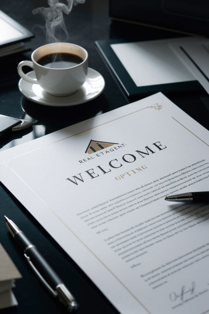 Personalized Welcome Letter – A well-designed welcome letter on high-quality paper, placed on a desk with a pen and coffee, adding a warm, professional touch.

