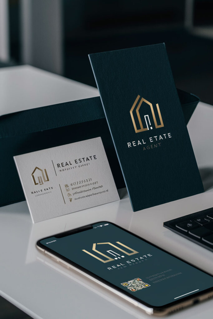 Business Card & Contact Information – A real estate agent’s business card displayed next to a branded presentation folder, reinforcing professionalism and accessibility.