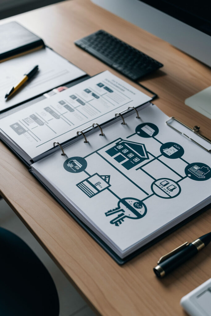 Home Buying or Selling Process Guide – A clipboard with a visually structured checklist and icons representing key steps in the home buying or selling journey.