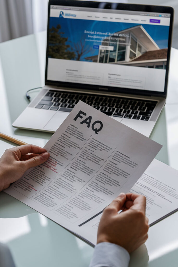 FAQs & Common Concerns – A printed FAQ sheet with bold headings on a desk, providing answers to common real estate client questions.