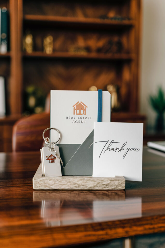 Personalized Branded Gift – A thoughtful branded gift, such as a custom keychain or notepad, placed on a stylish desk to enhance the client experience.