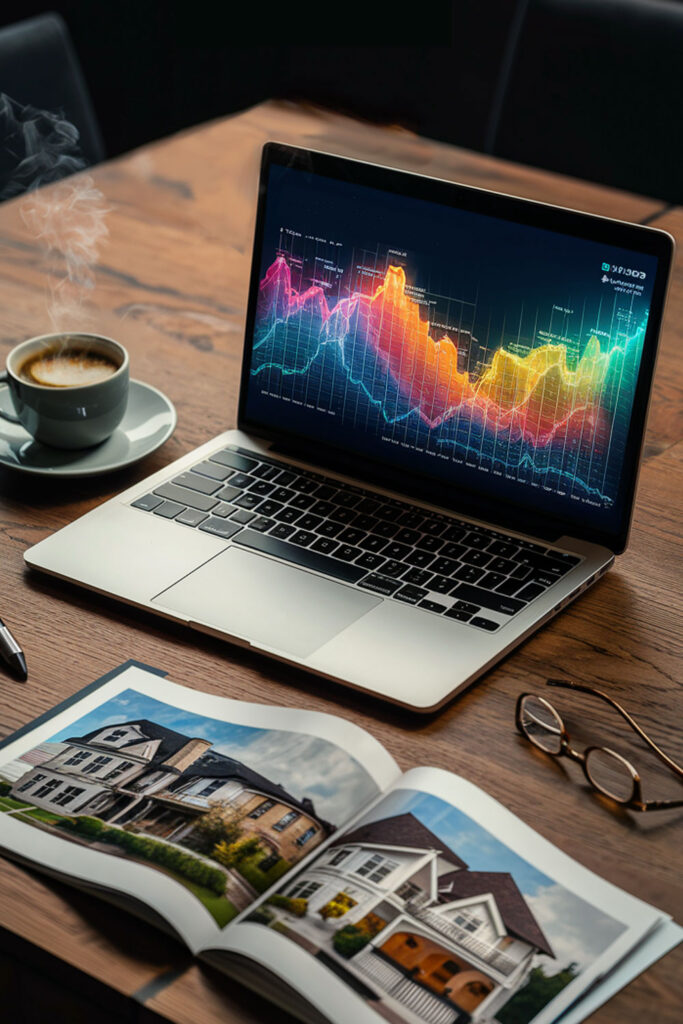 Market Insights & Neighborhood Guide – A desk with a laptop showing real estate market trends and a printed neighborhood guide featuring local amenities.