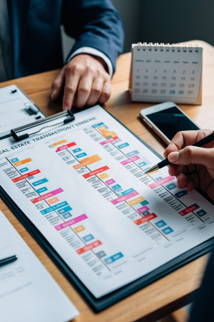 Key Dates & Transaction Timeline – A real estate transaction timeline chart on a clipboard with a pen and calendar, helping clients track key deadlines.