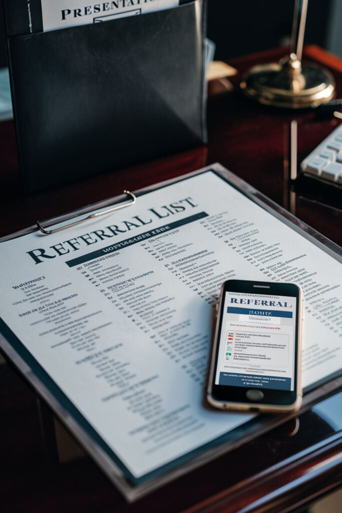 Referral List of Trusted Professionals – A printed referral list of recommended home service providers next to a smartphone displaying a digital contact list.